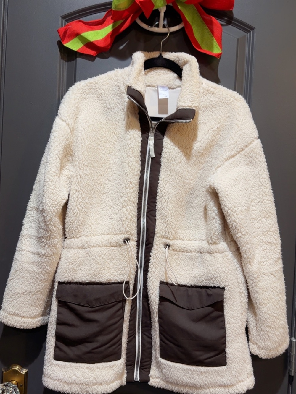 Te Verde Cream Teddy Zip Jacket with Brown Pocket Panels